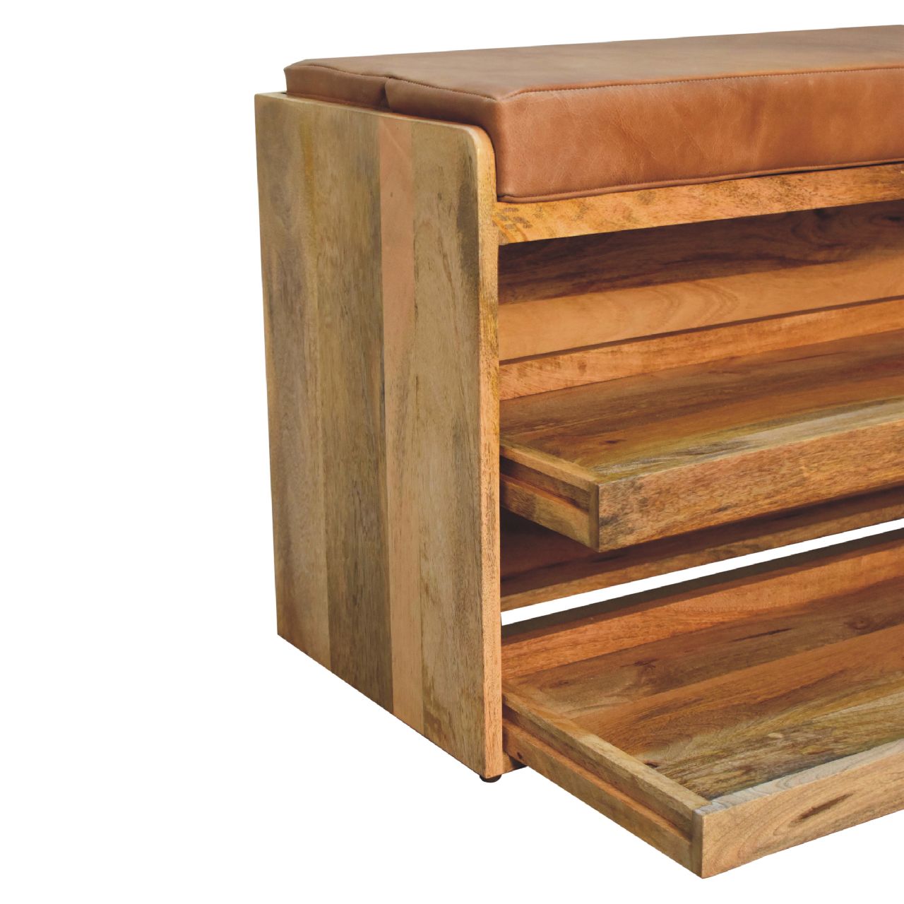Buffalo Hide Pull out Oak-ish Shoe Storage Bench | Buffalo Leather