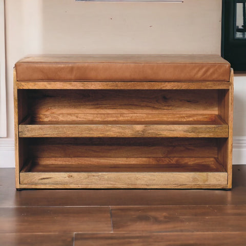 Buffalo Hide Pull out Oak-ish Shoe Storage Bench | Buffalo Leather