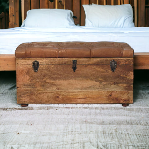 Buffalo Hide Oak-ish Storage Trunk Storage Bench | Linen Hidden Storage