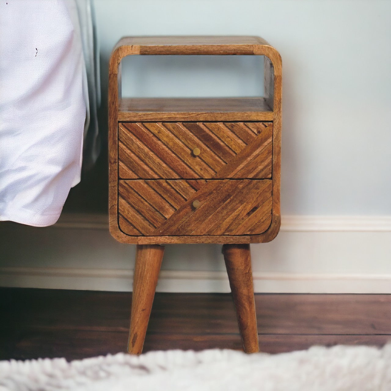 Mini Lille Curved Bedside Table | Oak Solid Mango Wood Open Shelf