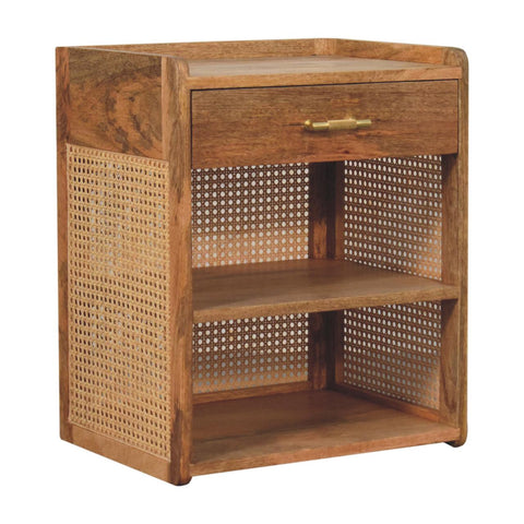 Larissa T-Bar Open Bedside Table | Oak Mango Wood Open Shelf