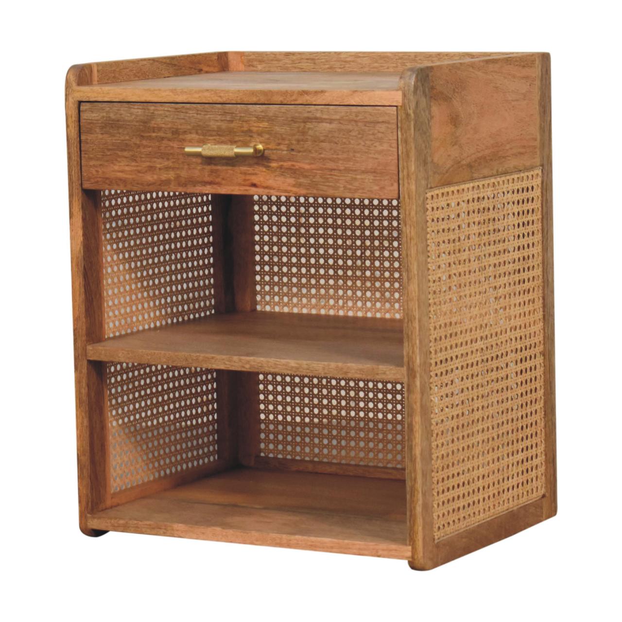Larissa T-Bar Open Bedside Table | Oak Mango Wood Open Shelf