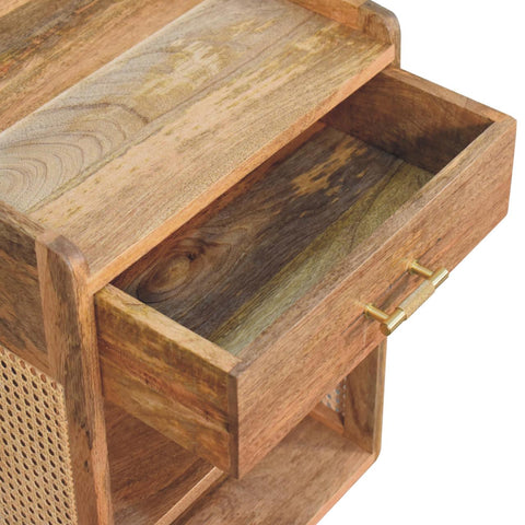 Larissa T-Bar Open Bedside Table | Oak Mango Wood Open Shelf