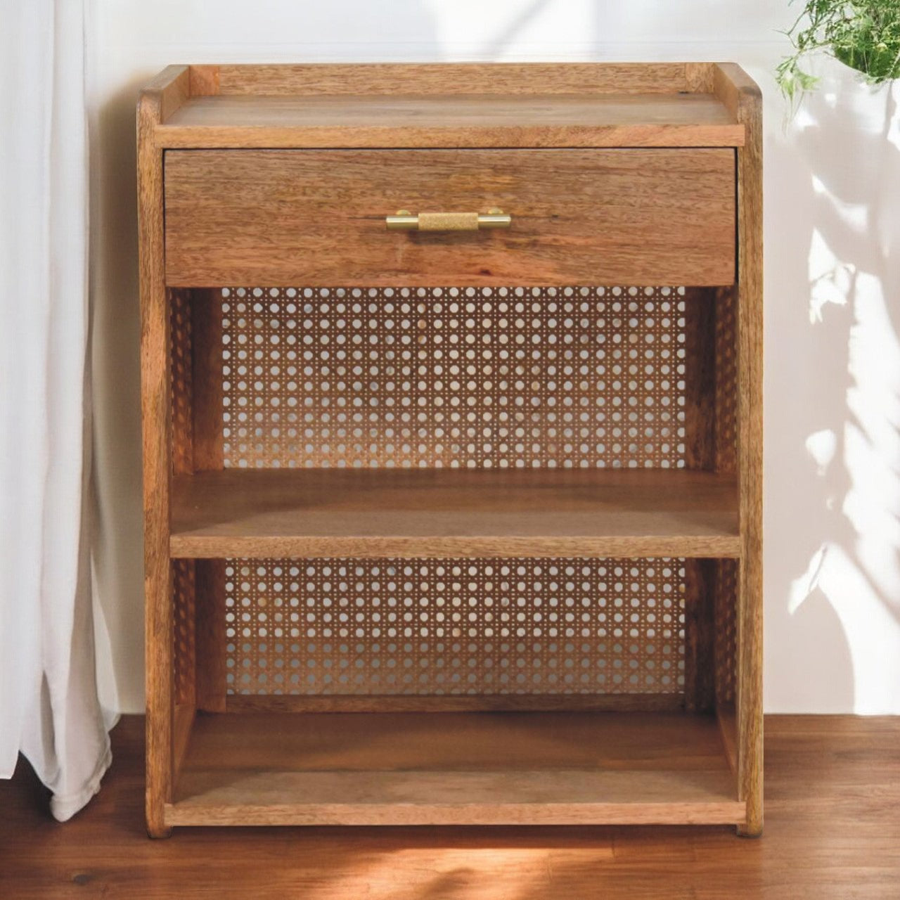 Larissa T-Bar Open Bedside Table | Oak Mango Wood Open Shelf