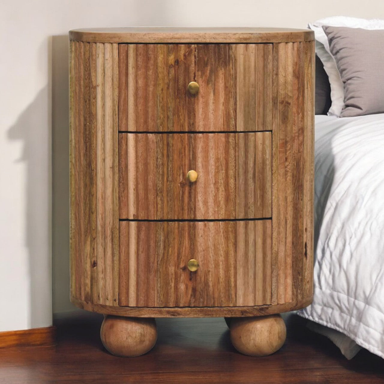 Soba Ball 3-Drawer Bedside Table | Oak Solid Mango Wood