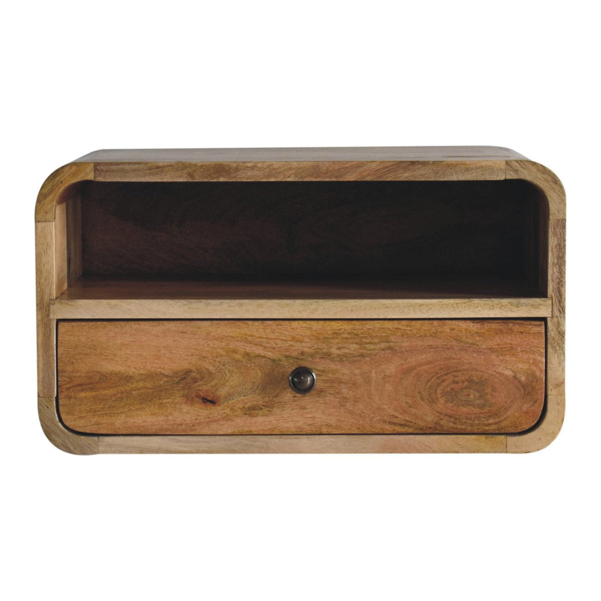 Large Oak-ish Curve Upper Slot Floating Bedside Table | Wall-Mounted