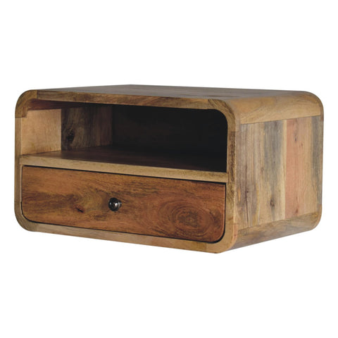 Large Oak-ish Curve Upper Slot Floating Bedside Table | Wall-Mounted