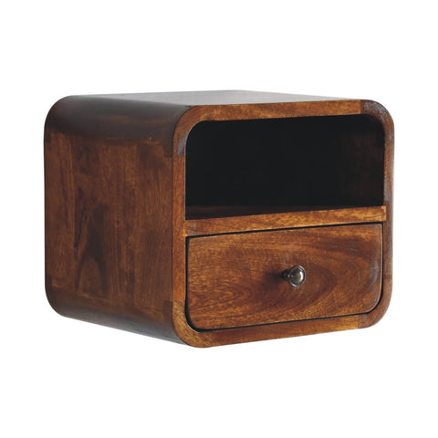 Extra Mini Wall Mounted Curved Chestnut Bedside with Open | Solid Mango Wood