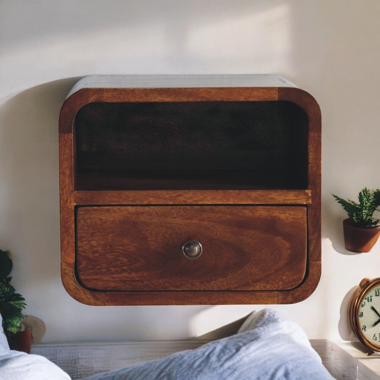 Extra Mini Wall Mounted Curved Chestnut Bedside with Open | Solid Mango Wood