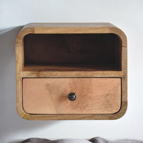 Extra Mini Wall Mounted Curved Oak-ish Bedside with Open Slot | Mango Wood