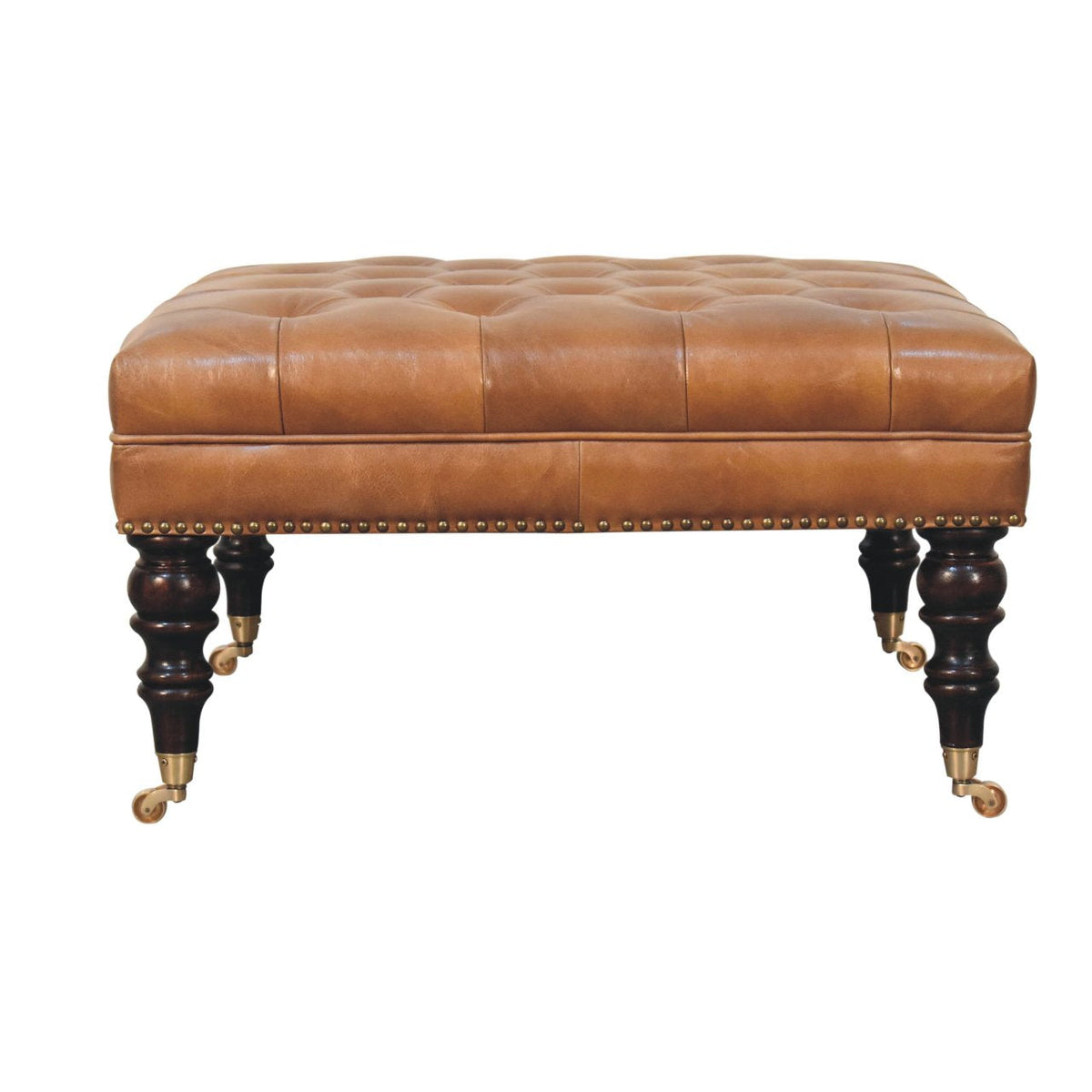 Studded Buffalo Tan Leather Ottoman with Castor Legs Storage Bench