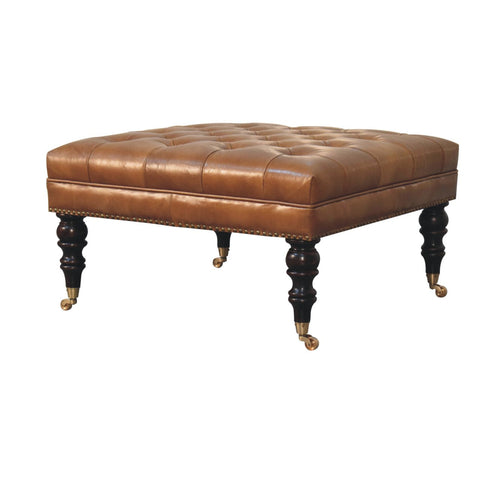 Studded Buffalo Tan Leather Ottoman with Castor Legs Storage Bench