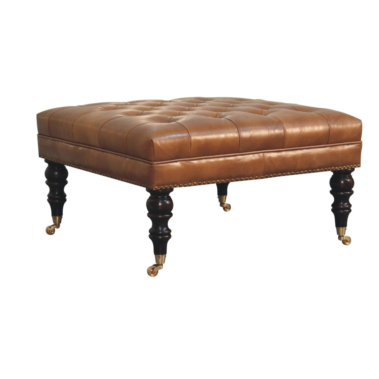 Studded Buffalo Tan Leather Ottoman with Castor Legs Storage Bench