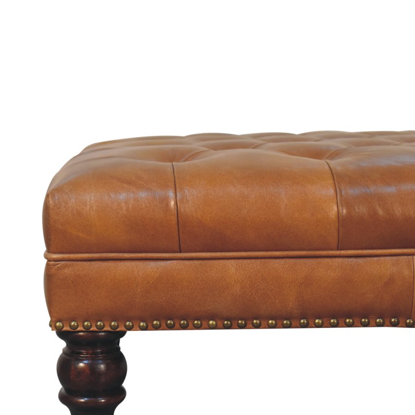 Studded Buffalo Tan Leather Ottoman with Castor Legs Storage Bench