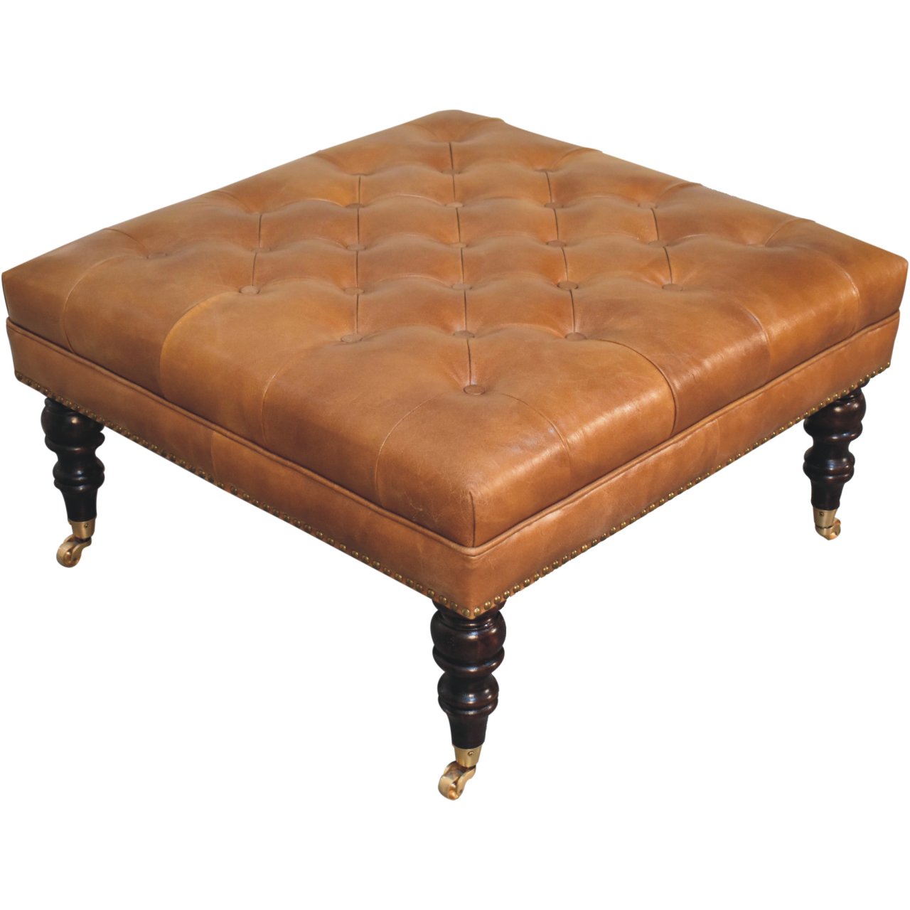 Studded Buffalo Tan Leather Ottoman with Castor Legs Storage Bench