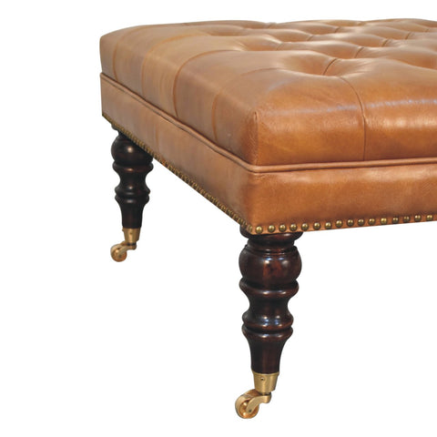 Studded Buffalo Tan Leather Ottoman with Castor Legs Storage Bench