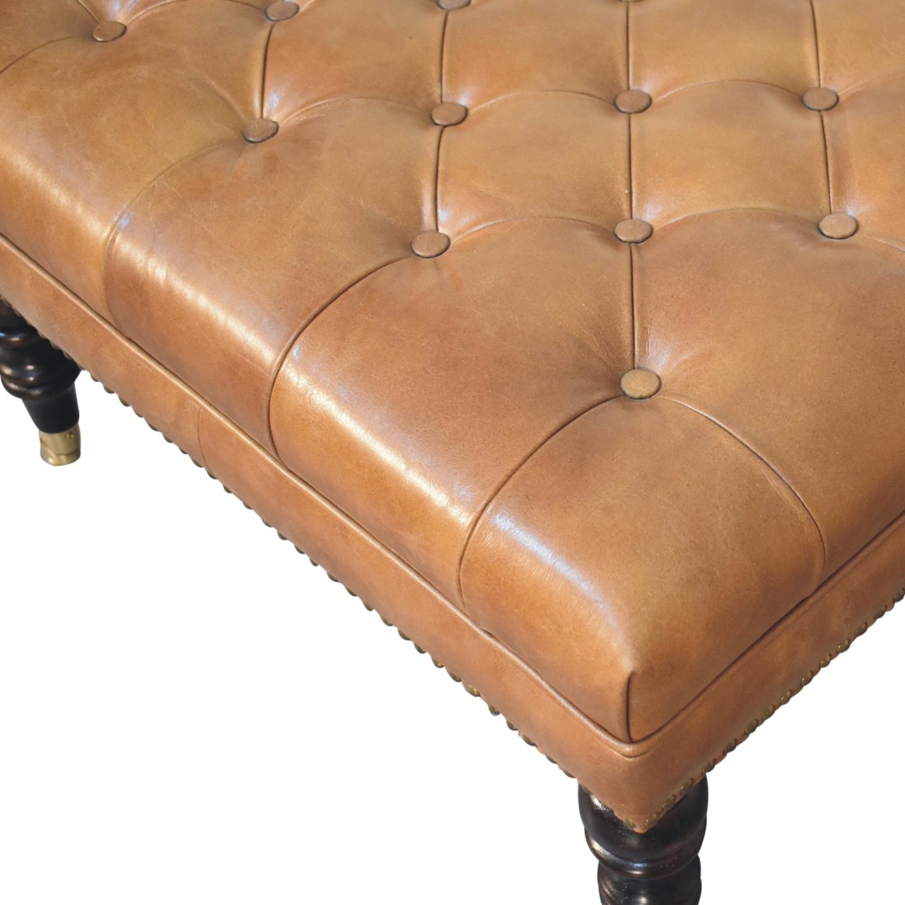 Studded Buffalo Tan Leather Ottoman with Castor Legs Storage Bench