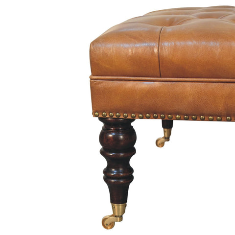 Studded Buffalo Tan Leather Ottoman with Castor Legs Storage Bench