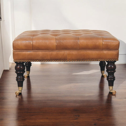 Studded Buffalo Tan Leather Ottoman with Castor Legs Storage Bench