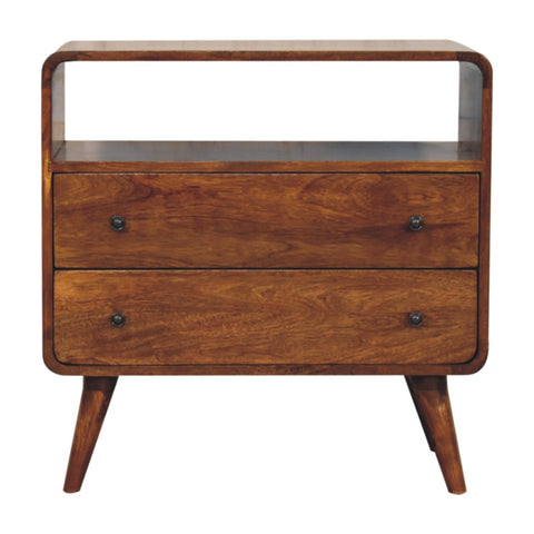 Curved Nordic Charm Chest of Drawers | Chestnut Solid Mango Wood Open Shelf