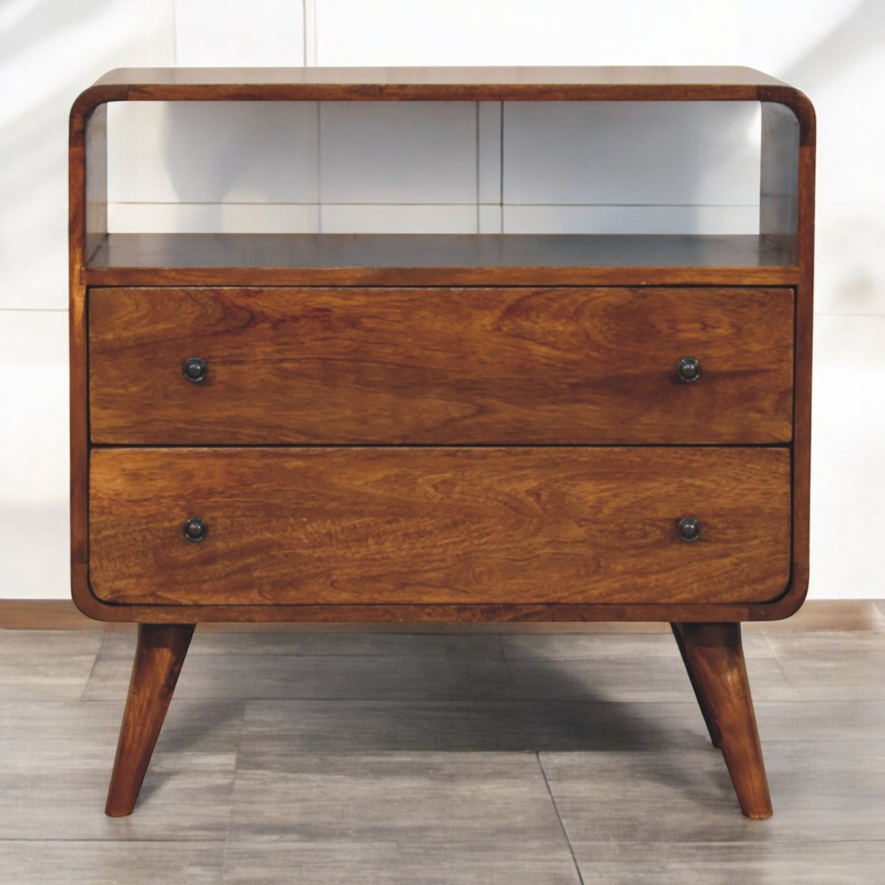 Curved Nordic Charm Chest of Drawers | Chestnut Solid Mango Wood Open Shelf