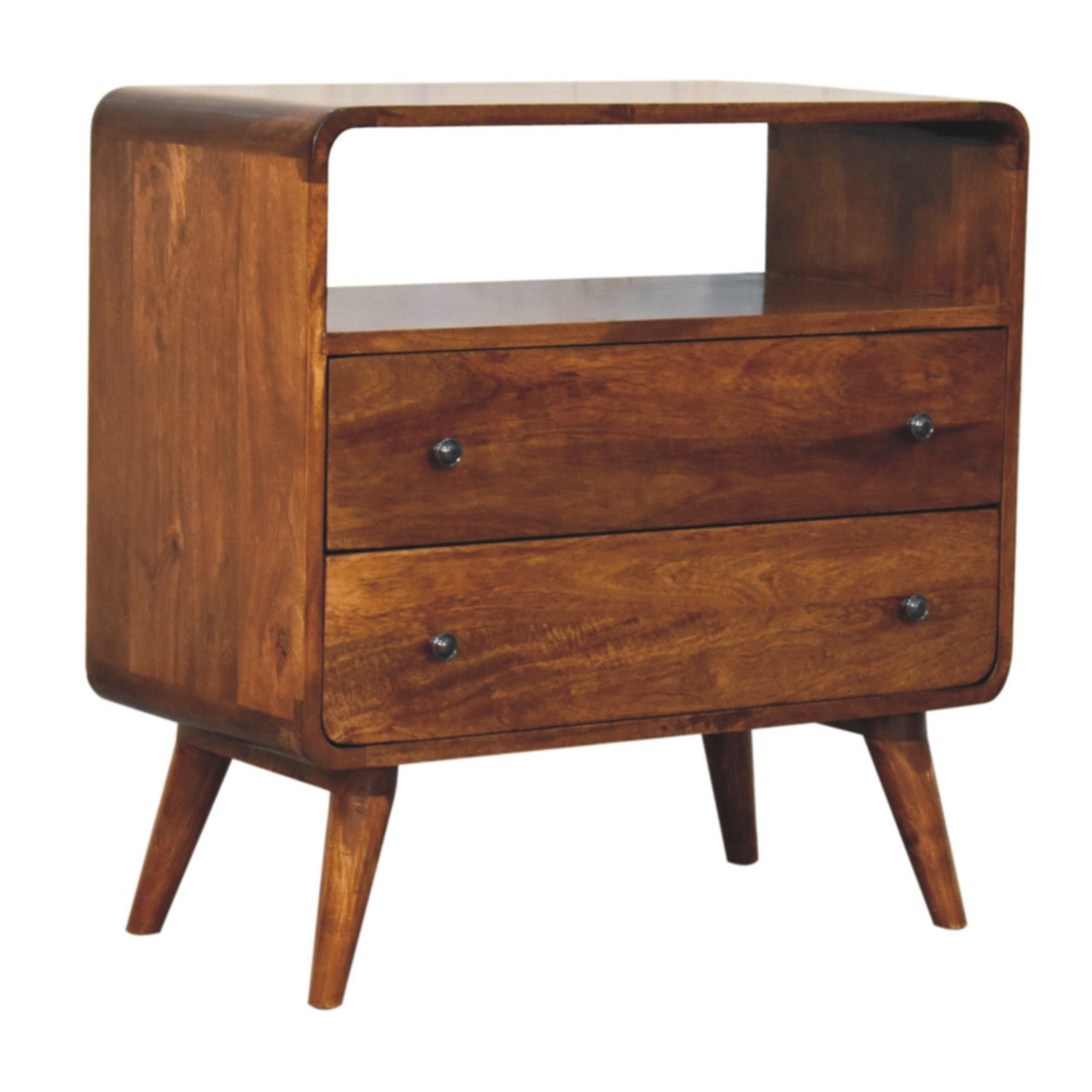 Curved Nordic Charm Chest of Drawers | Chestnut Solid Mango Wood Open Shelf
