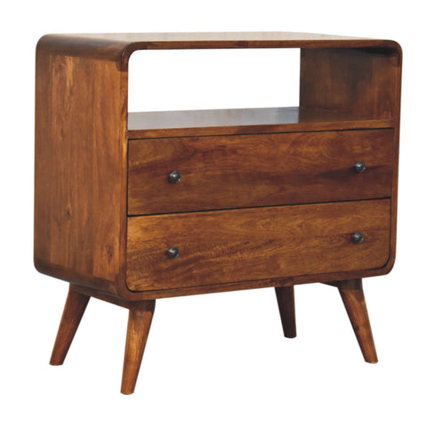 Curved Nordic Charm Chest of Drawers | Chestnut Solid Mango Wood Open Shelf