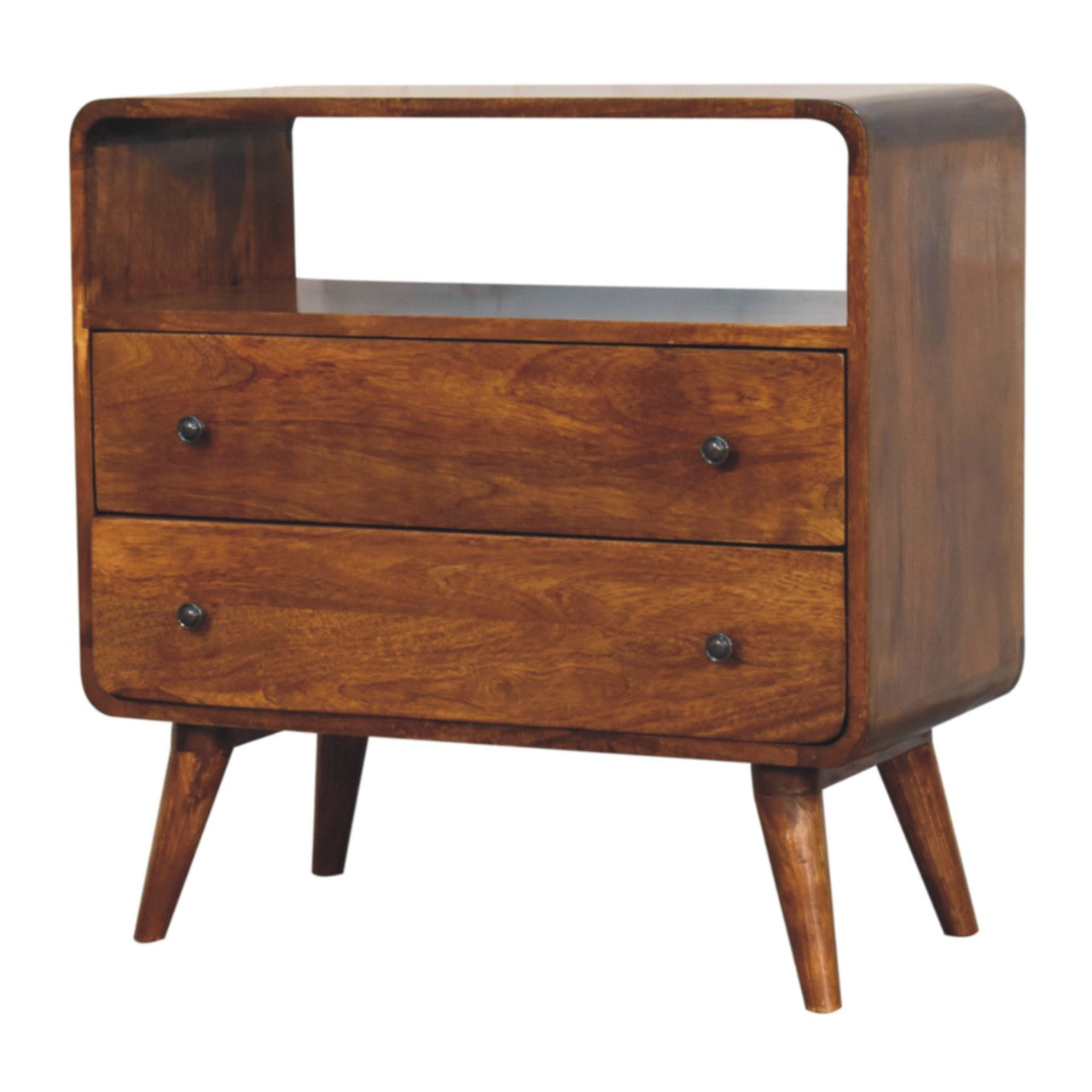 Curved Nordic Charm Chest of Drawers | Chestnut Solid Mango Wood Open Shelf