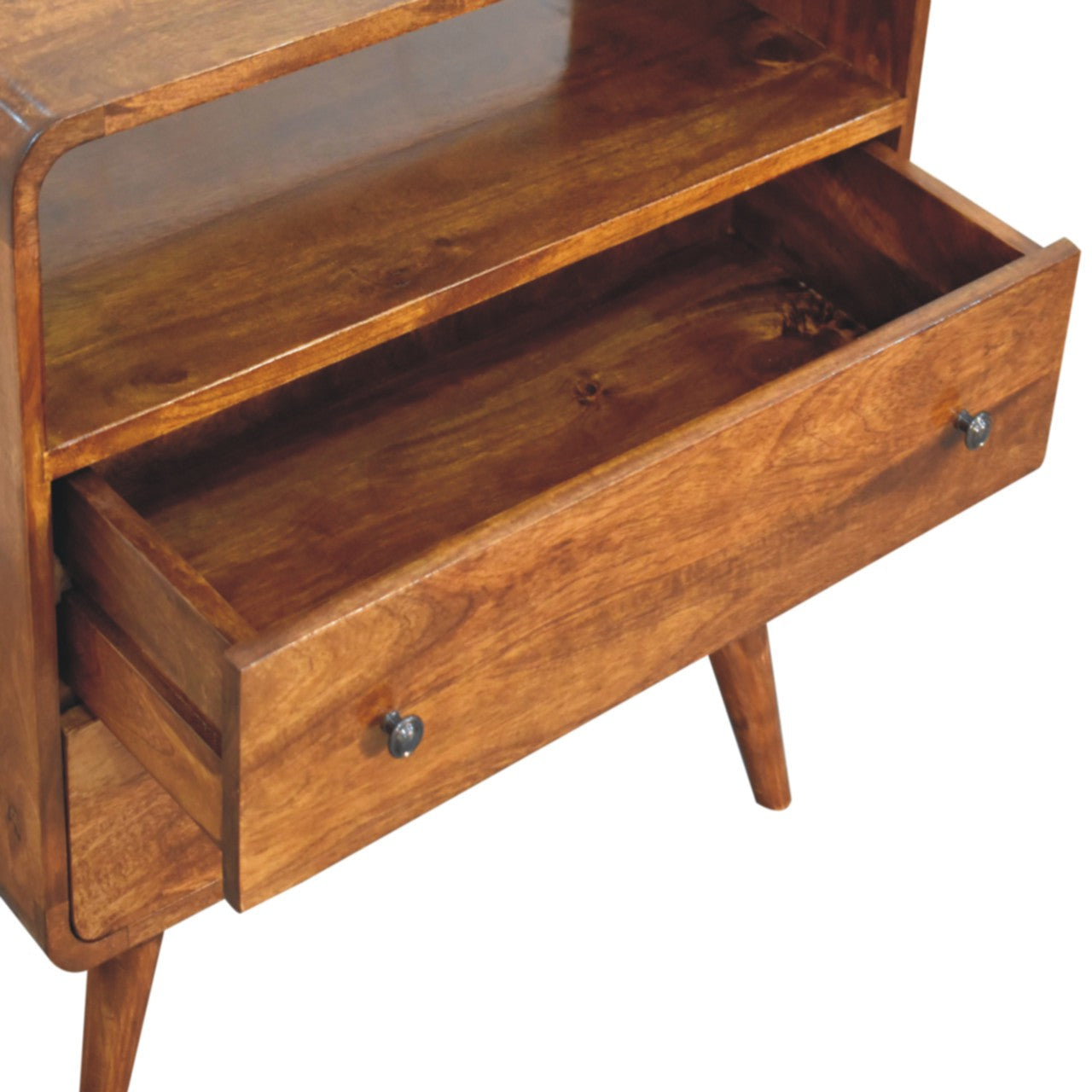 Curved Nordic Charm Chest of Drawers | Chestnut Solid Mango Wood Open Shelf