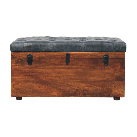 Black Buffalo hide leather Storage Trunk Storage Bench | California Walnut