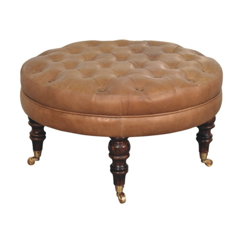 Brown Buffalo Leather Round Ottoman with Castor Legs Storage Bench | Brass