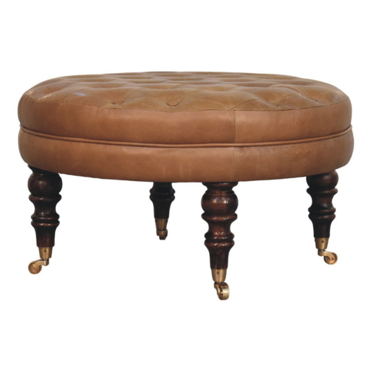 Brown Buffalo Leather Round Ottoman with Castor Legs Storage Bench | Brass