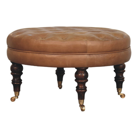 Brown Buffalo Leather Round Ottoman with Castor Legs Storage Bench | Brass