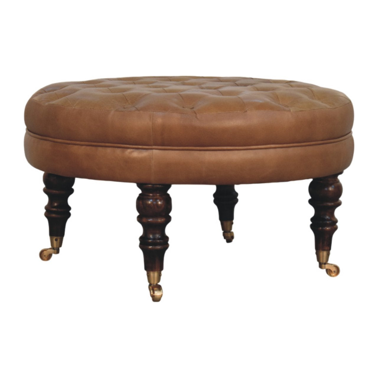Brown Buffalo Leather Round Ottoman with Castor Legs Storage Bench | Brass