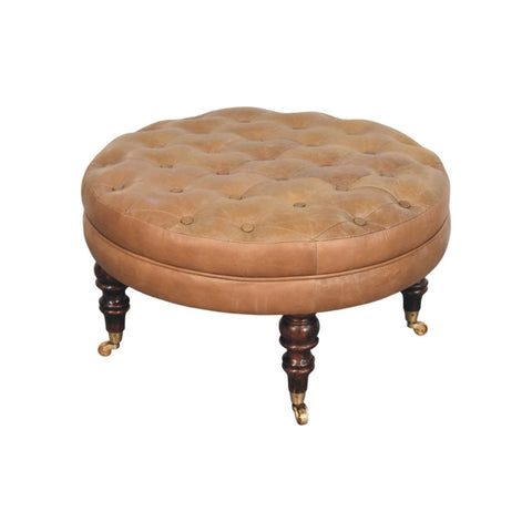 Brown Buffalo Leather Round Ottoman with Castor Legs Storage Bench | Brass