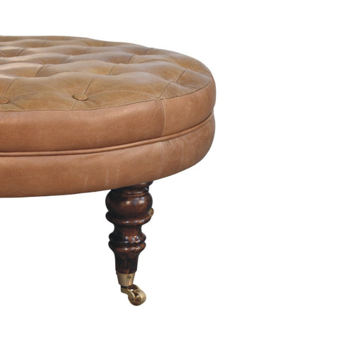 Brown Buffalo Leather Round Ottoman with Castor Legs Storage Bench | Brass