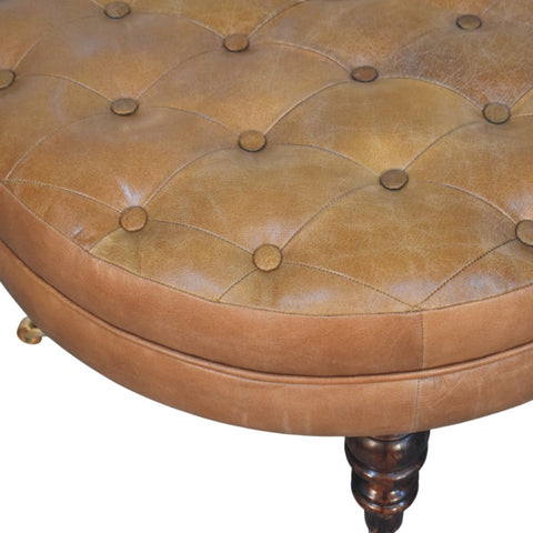 Brown Buffalo Leather Round Ottoman with Castor Legs Storage Bench | Brass