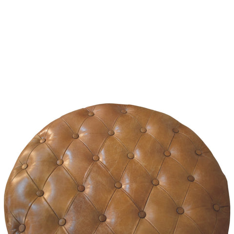 Brown Buffalo Leather Round Ottoman with Castor Legs Storage Bench | Brass