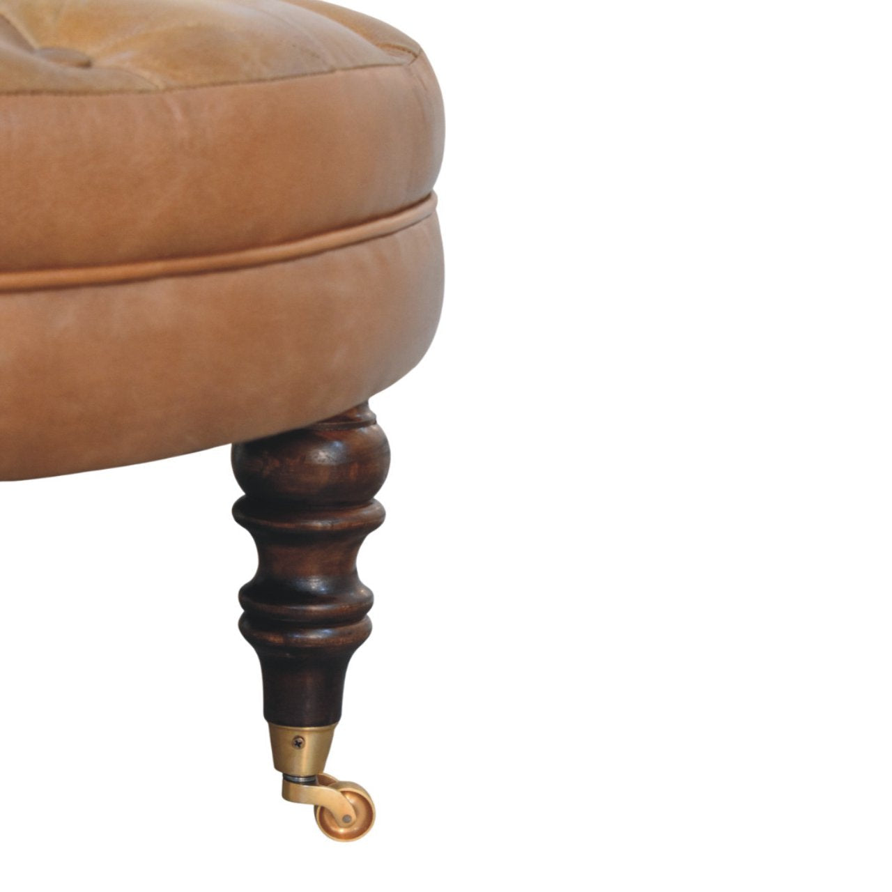 Brown Buffalo Leather Round Ottoman with Castor Legs Storage Bench | Brass