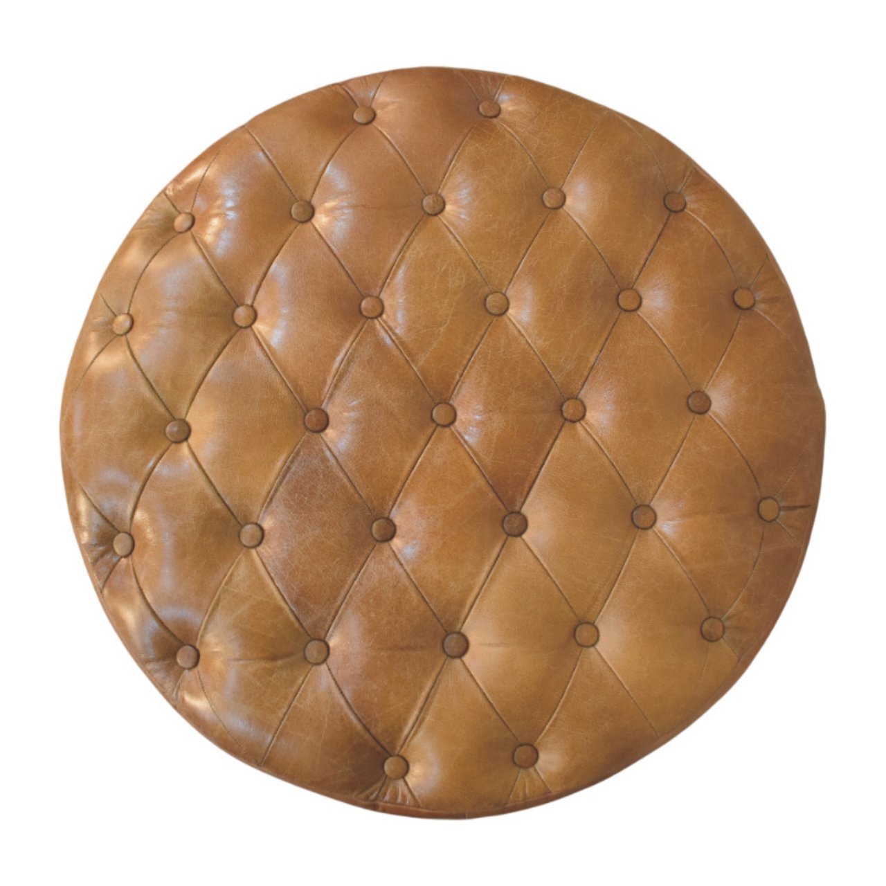 Brown Buffalo Leather Round Ottoman with Castor Legs Storage Bench | Brass