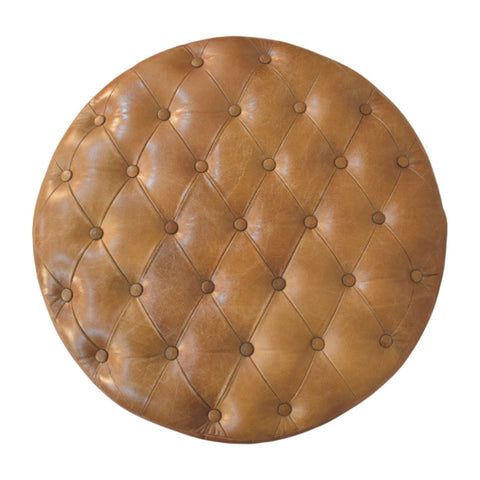 Brown Buffalo Leather Round Ottoman with Castor Legs Storage Bench | Brass