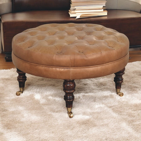 Brown Buffalo Leather Round Ottoman with Castor Legs Storage Bench | Brass