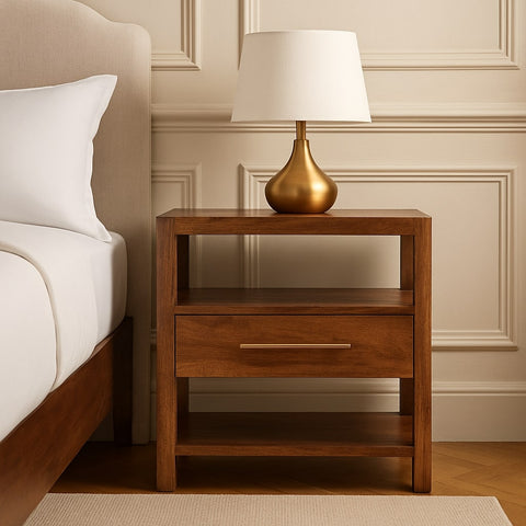 The Caldera Bedside Stand Bedside Table | Honey Caramel Rattan Open Shelf