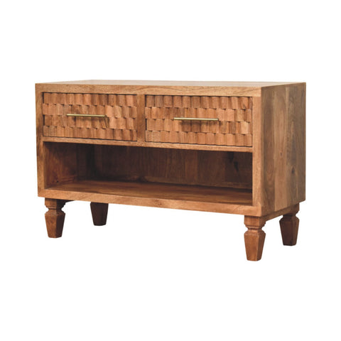 Arno Shoe Storage Unit in Golden Teak Chest of Drawers | Brass Open Shelf