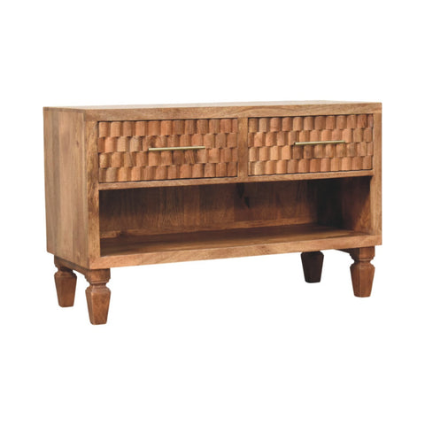 Arno Shoe Storage Unit in Golden Teak Chest of Drawers | Brass Open Shelf