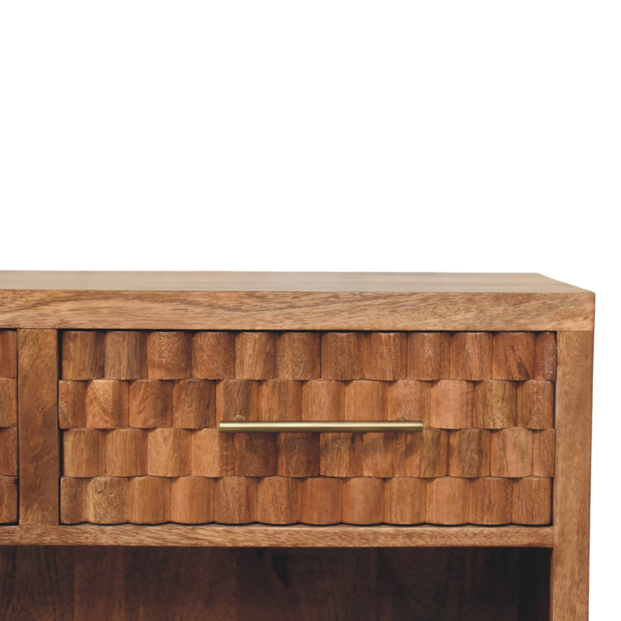 Arno Shoe Storage Unit in Golden Teak Chest of Drawers | Brass Open Shelf