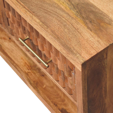 Arno Shoe Storage Unit in Golden Teak Chest of Drawers | Brass Open Shelf