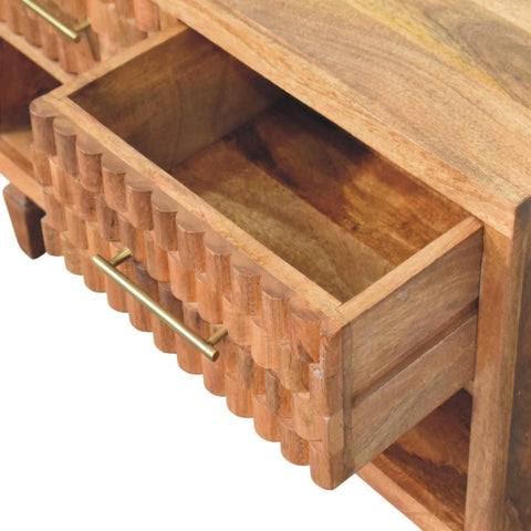 Arno Shoe Storage Unit in Golden Teak Chest of Drawers | Brass Open Shelf