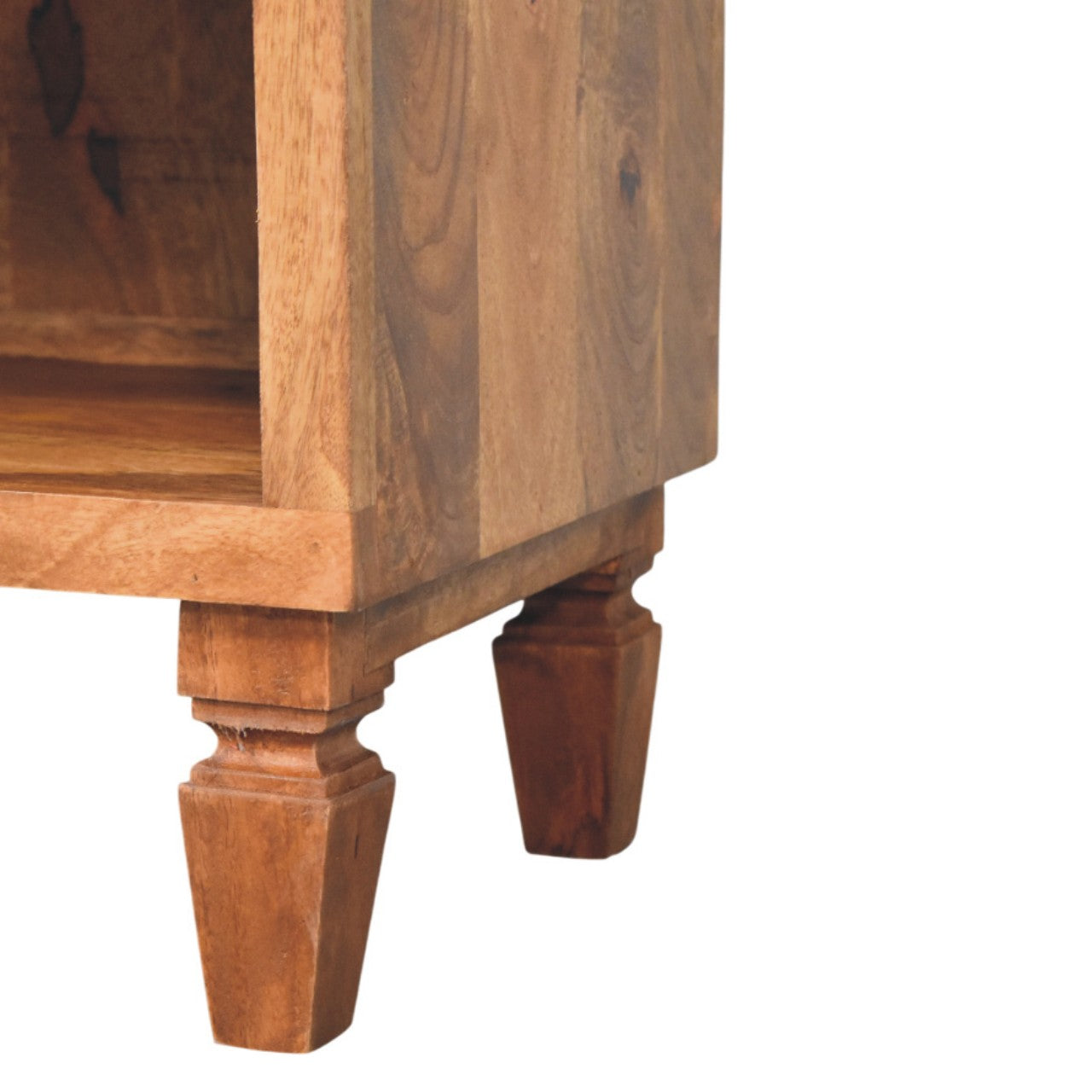 Arno Shoe Storage Unit in Golden Teak Chest of Drawers | Brass Open Shelf