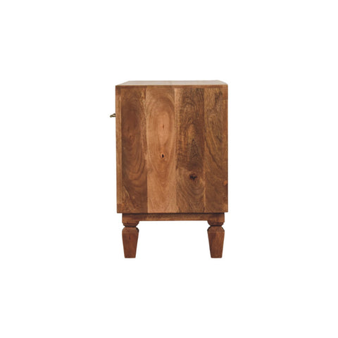 Arno Shoe Storage Unit in Golden Teak Chest of Drawers | Brass Open Shelf
